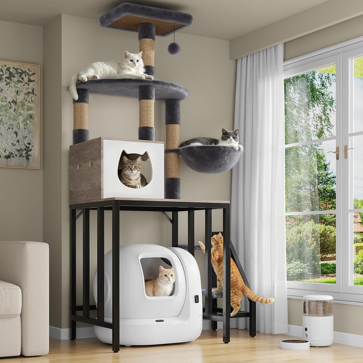 Light gray tall cat tree with automatic litter box under its base