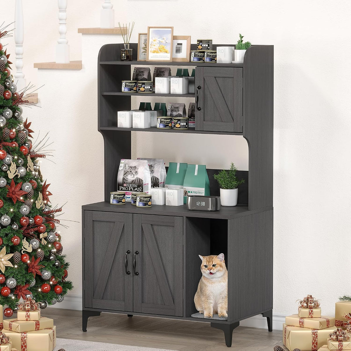 Walnut cat litter box cabinet with storage shelves and litter mat