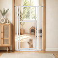White 56 inch extra tall cat gate with clear acrylic door in a doorway