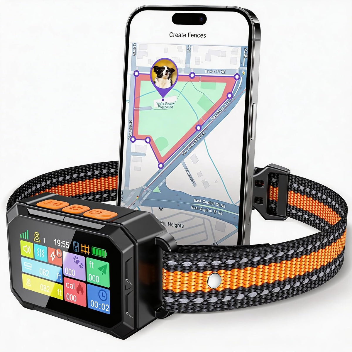 GPS dog fence collar with LCD screen beside a smartphone showing a fence map
