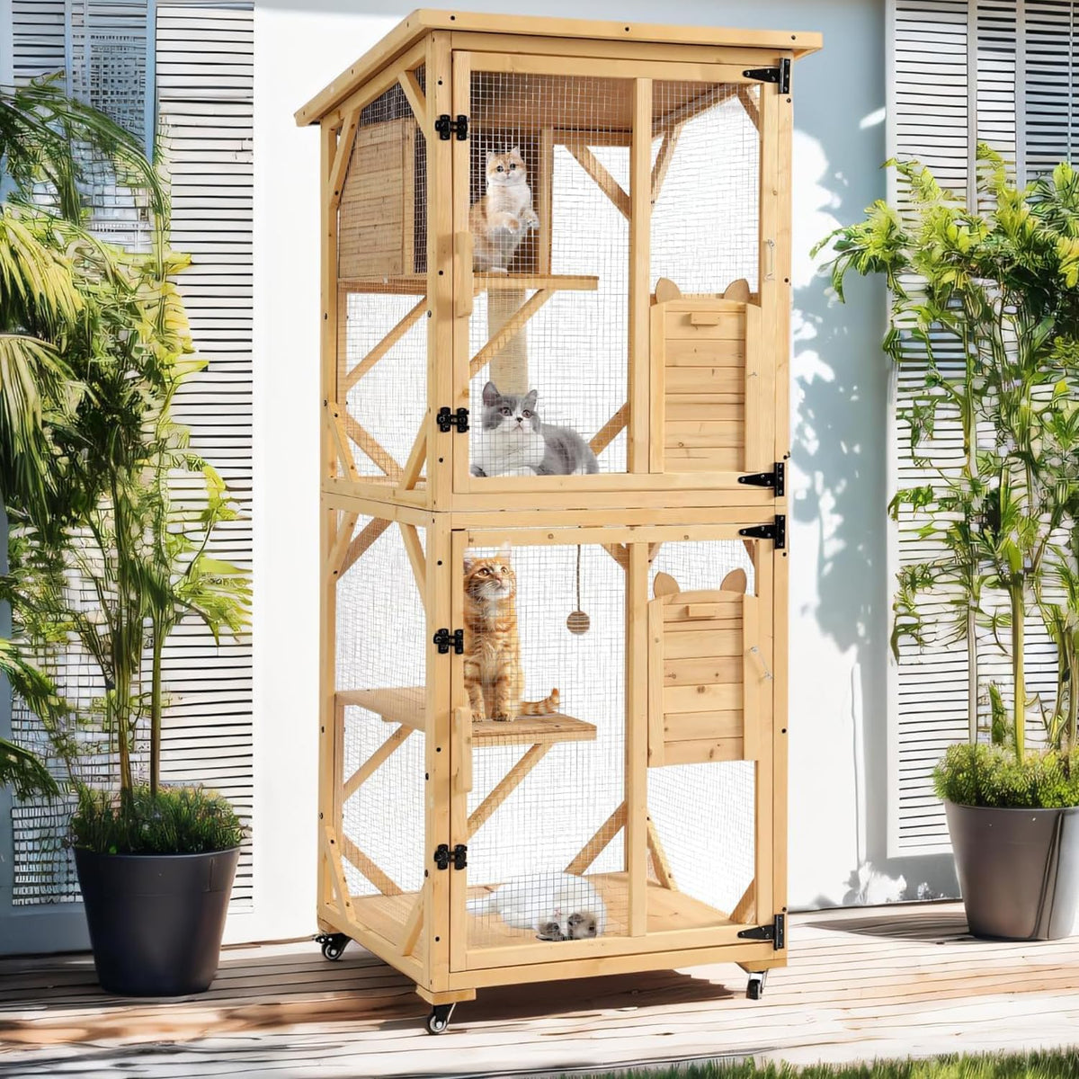 Natural wood four-tier catio on wheels with asphalt roof and window