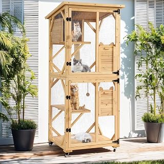 Catio Outdoor Cat Enclosure, 4-Tier Window Cat House on Wheels with Weatherproof Asphalt Roof and Removable Floor, Natural
