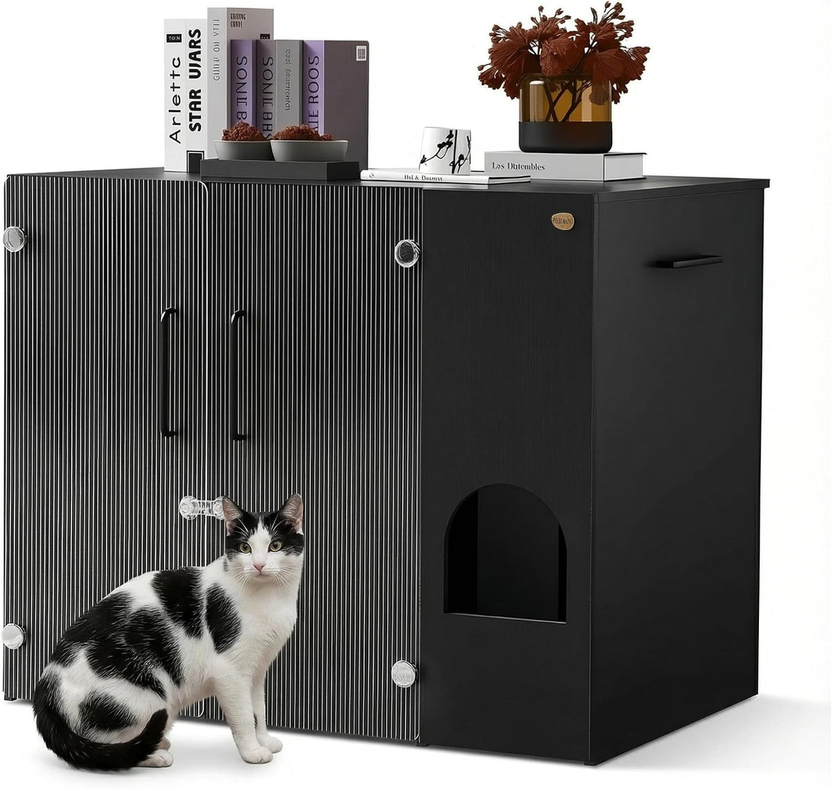Black litter box enclosure cabinet with wave-pattern acrylic doors