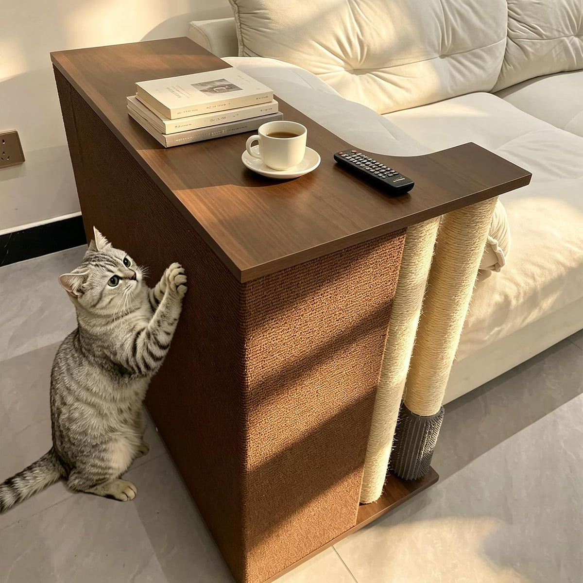 Walnut couch side table with sisal cat scratching posts at a sofa corner