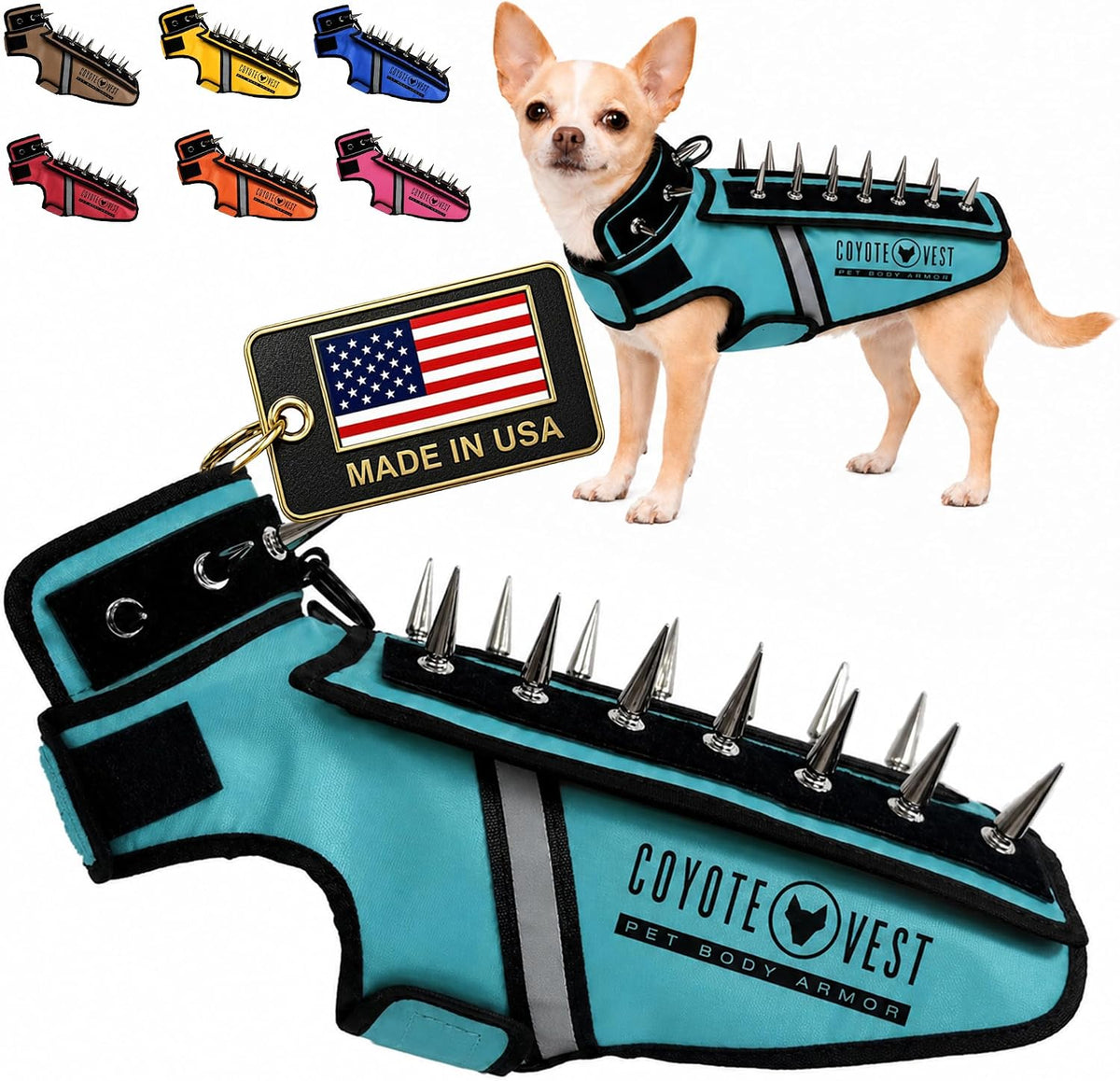 Fluorescent orange stab-resistant small dog harness vest with spike add-on – view 11