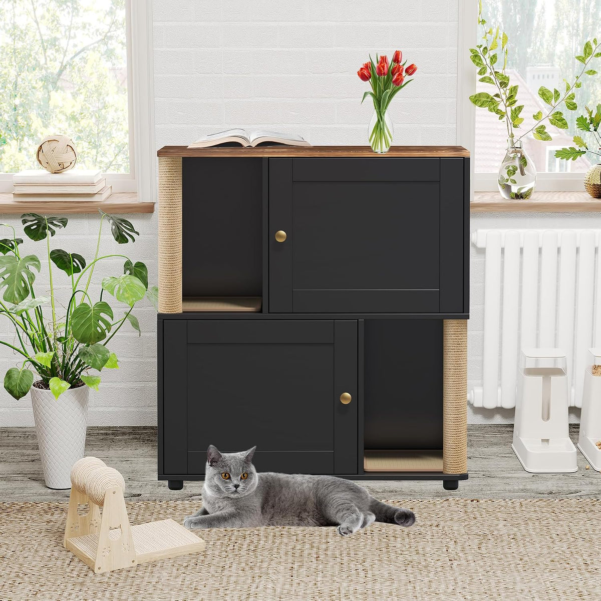Two-tier wooden double litter box enclosure cabinet with scratching post – view 2