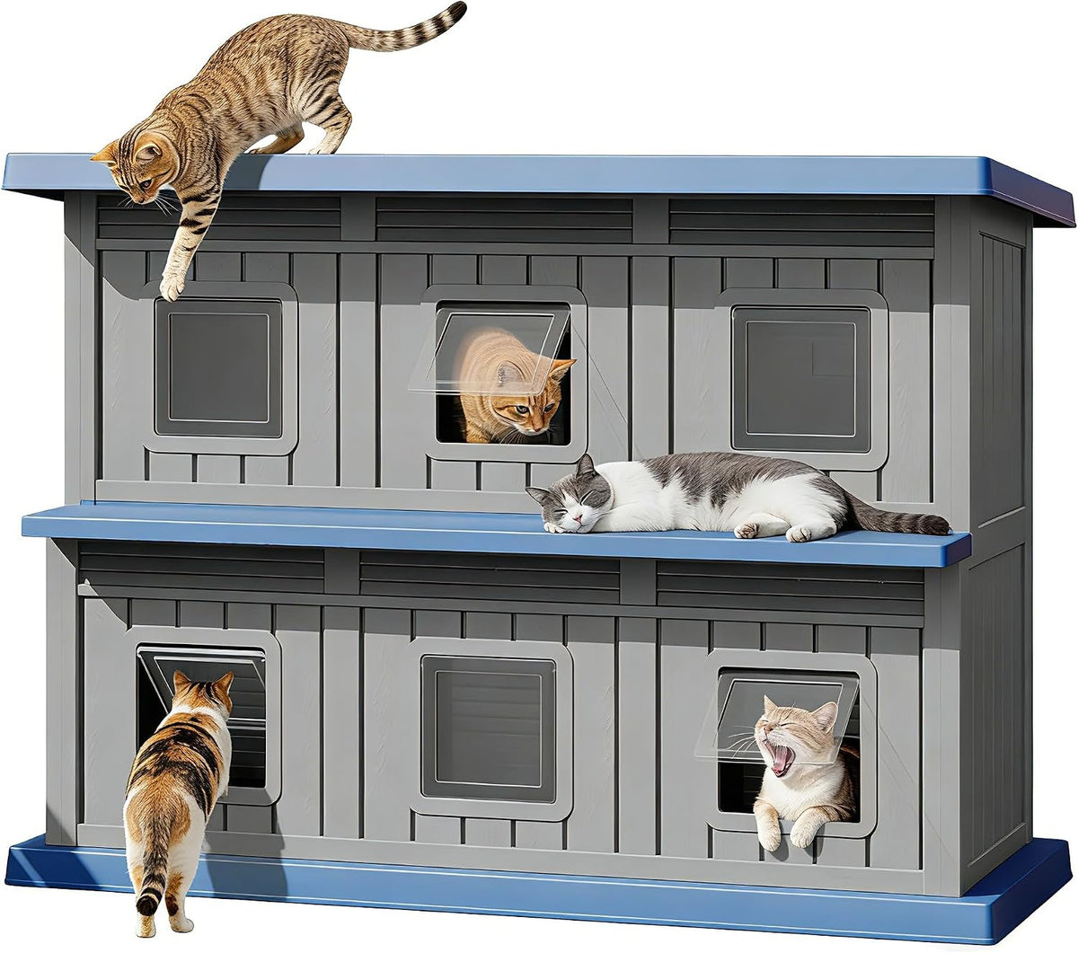 Two-story resin outdoor cat house with escape door