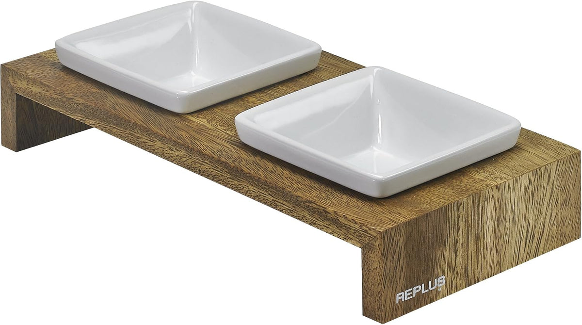 Walnut rubberwood elevated double dog feeder with square ceramic bowls – view 8