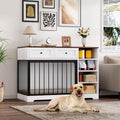White wooden dog crate TV stand with two drawers and open shelves