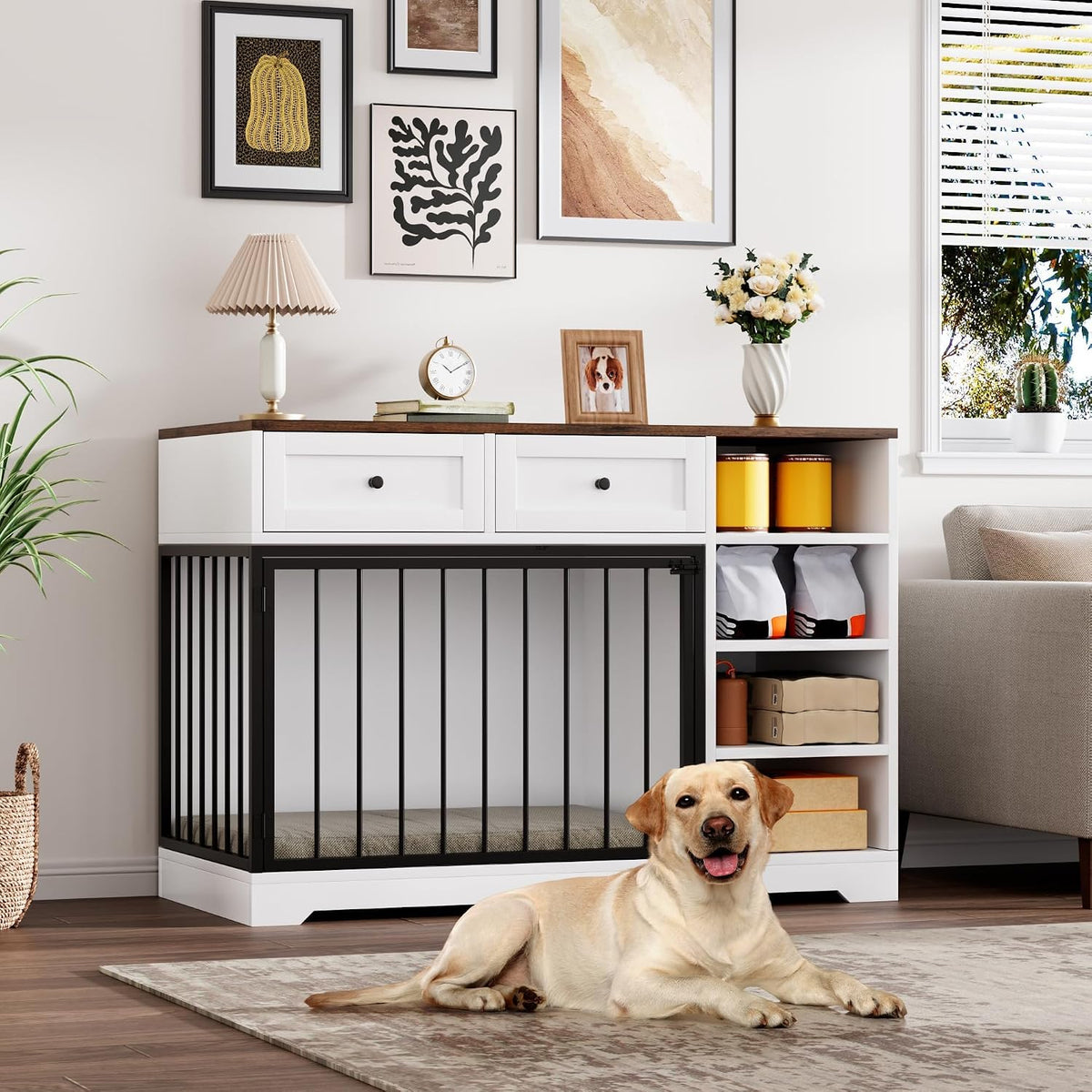 White wooden dog crate TV stand with two drawers and open shelves