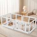 Clear plastic eight-panel puppy playpen set up in a living room with a small dog inside – view 2