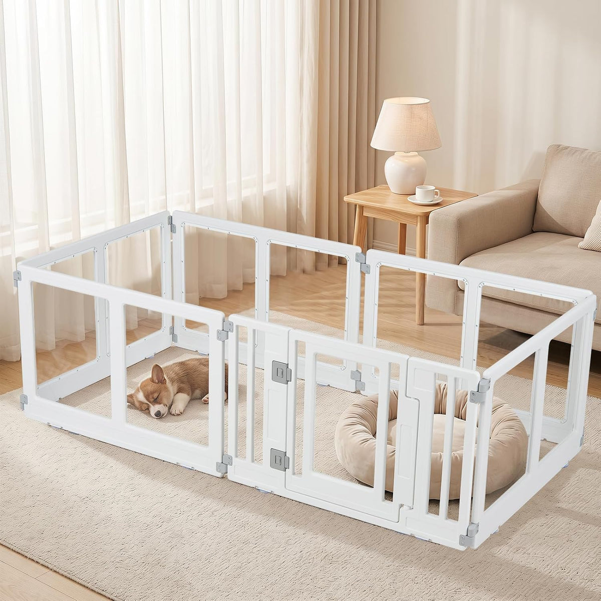 Clear plastic eight-panel puppy playpen set up in a living room with a small dog inside – view 2