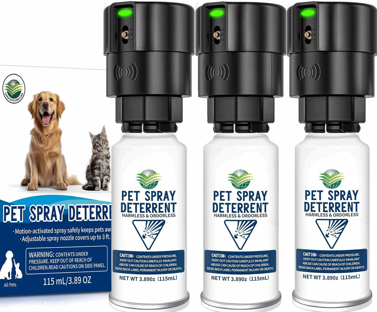 Three motion-activated pet deterrent spray units