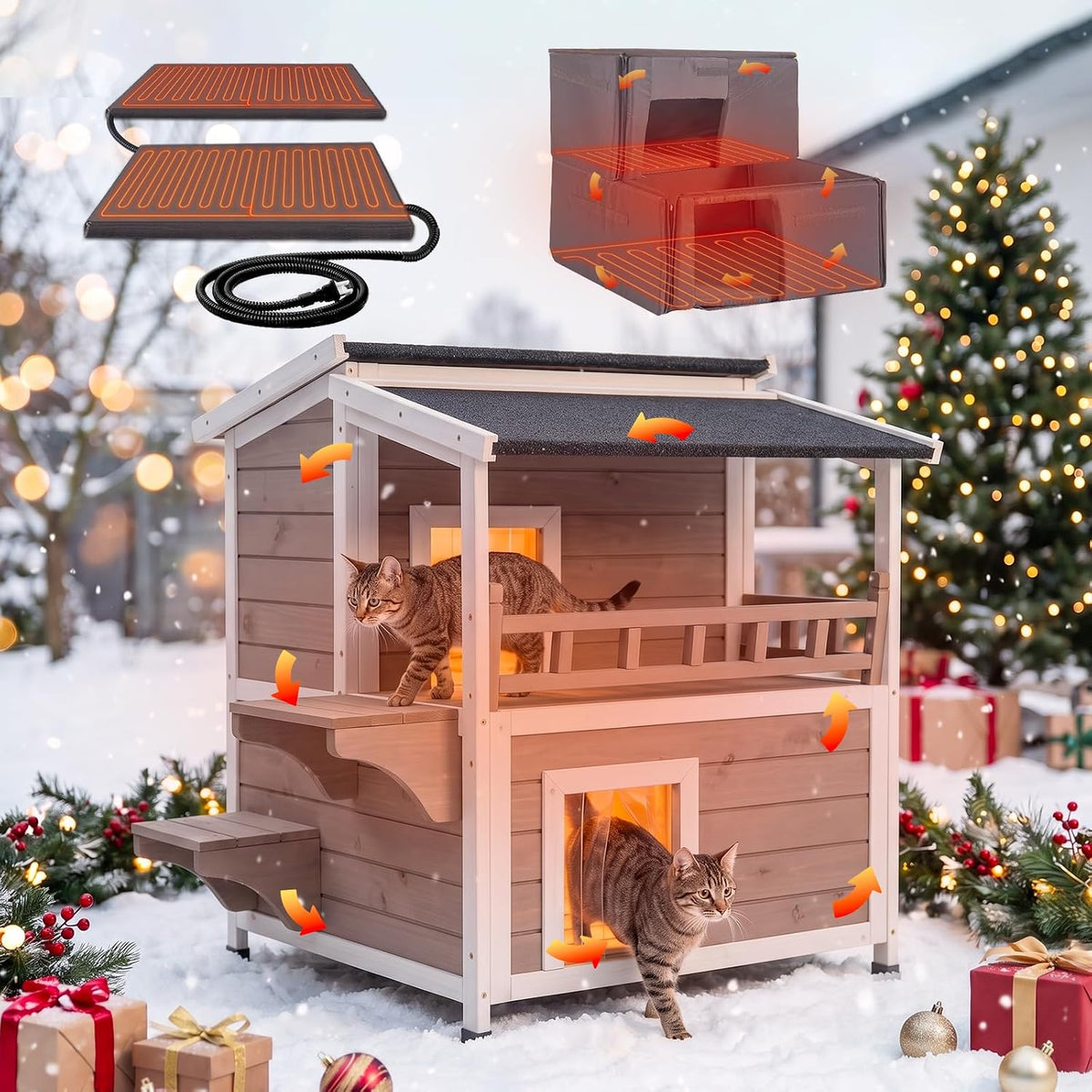 Brown two-story heated outdoor cat house with asphalt roof – view 2