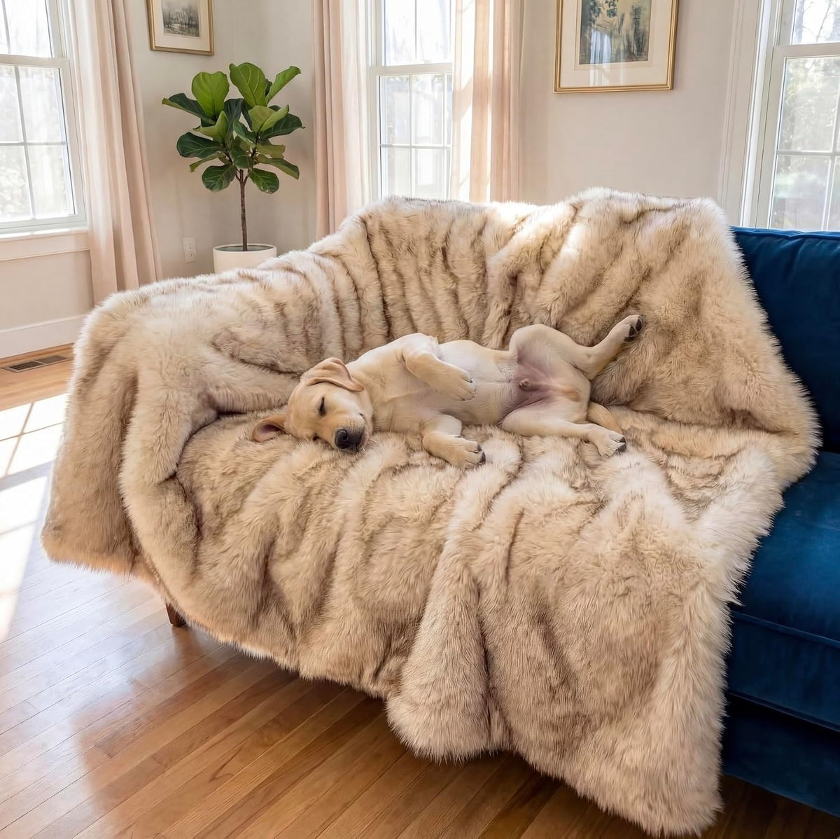 White faux fur dog throw with brown tips on a bed