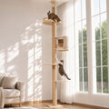 Floor-to-ceiling adjustable cat tree in a living room corner