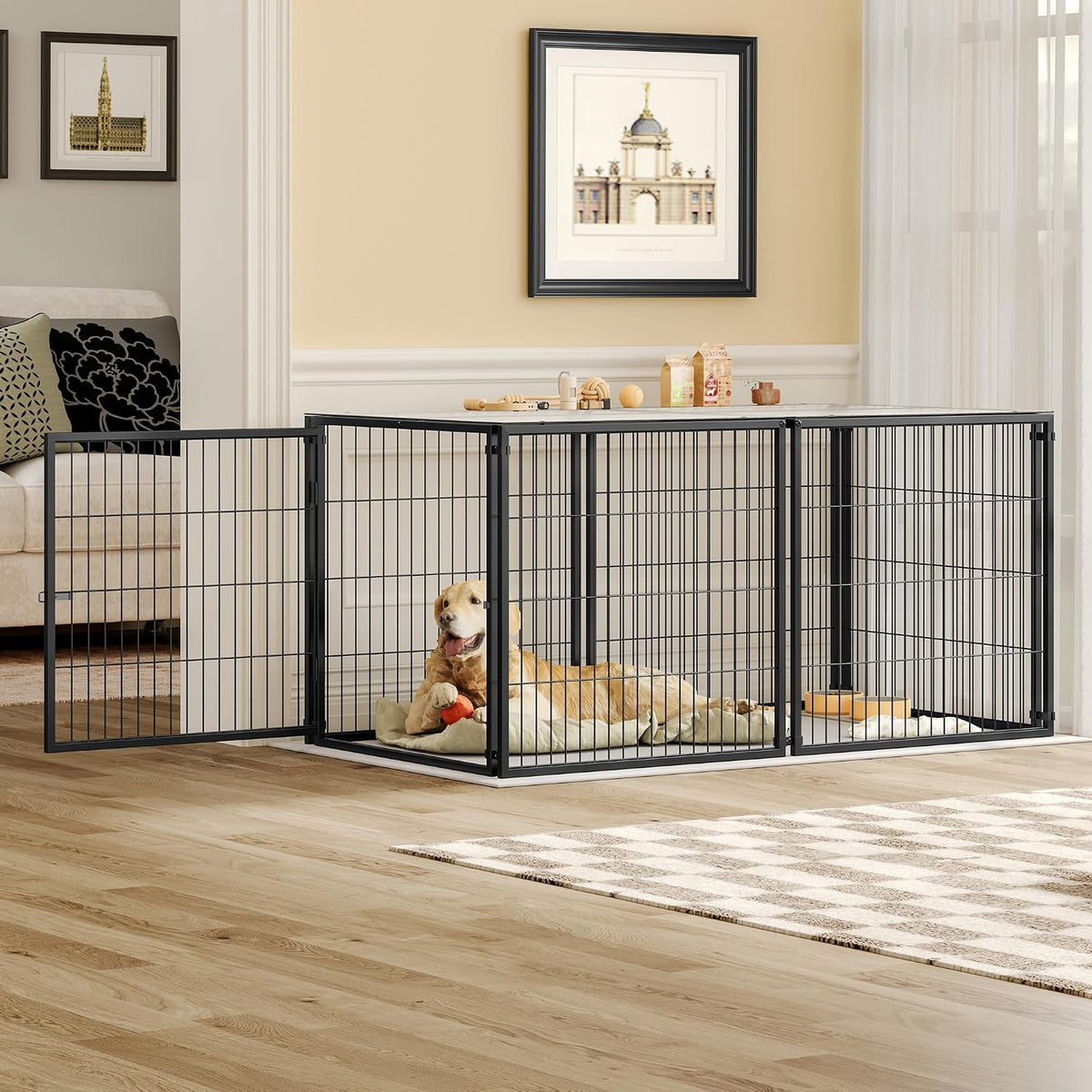 Black 64 inch metal dog kennel with covered top