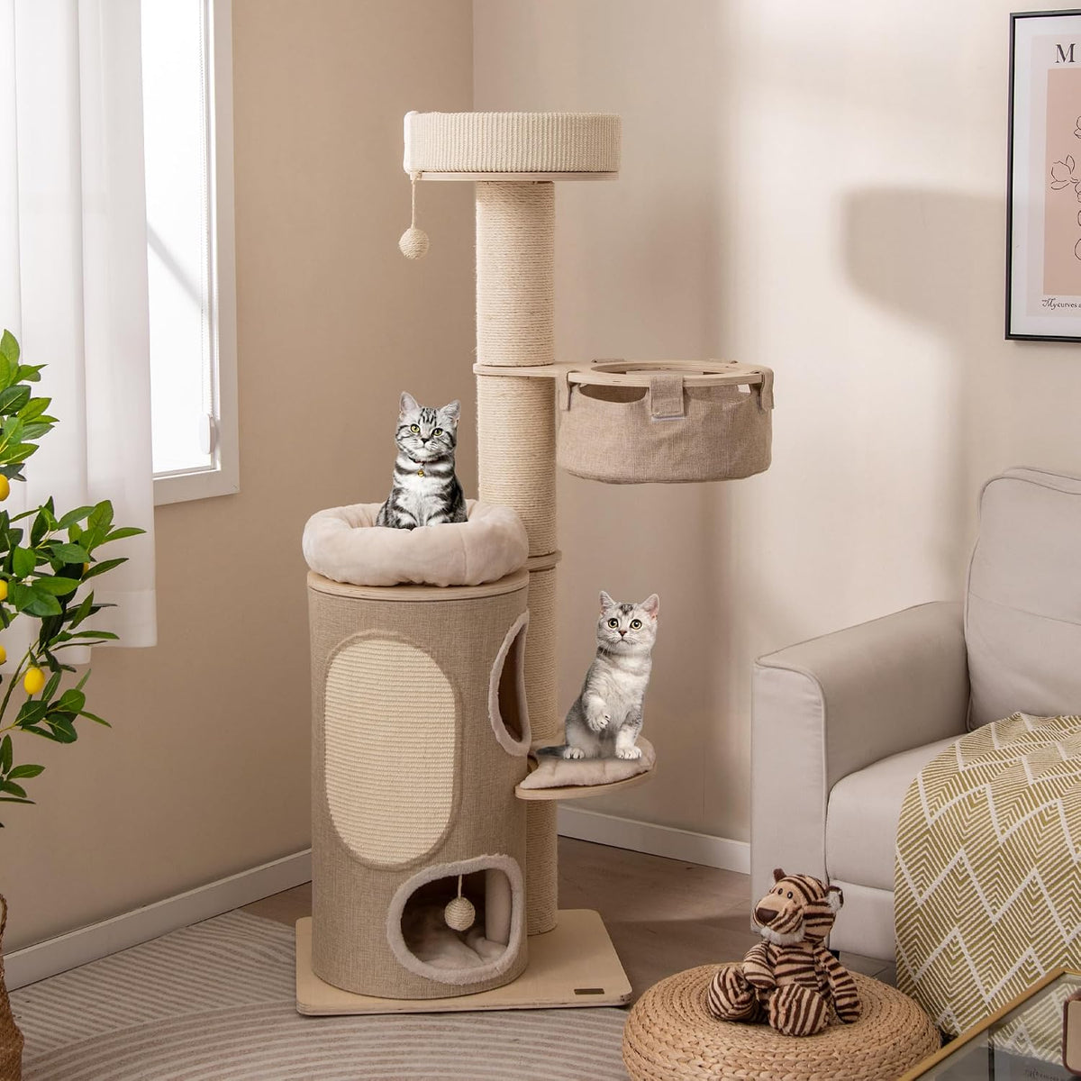 61 inch multi-level wooden cat tree tower