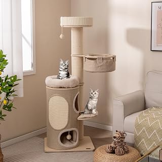 PETSITE 61 Inch Wooden Cat Tree Tower with Sisal Posts, 2-Tier Condo, 2 Perches, Side Basket and Sisal Ball