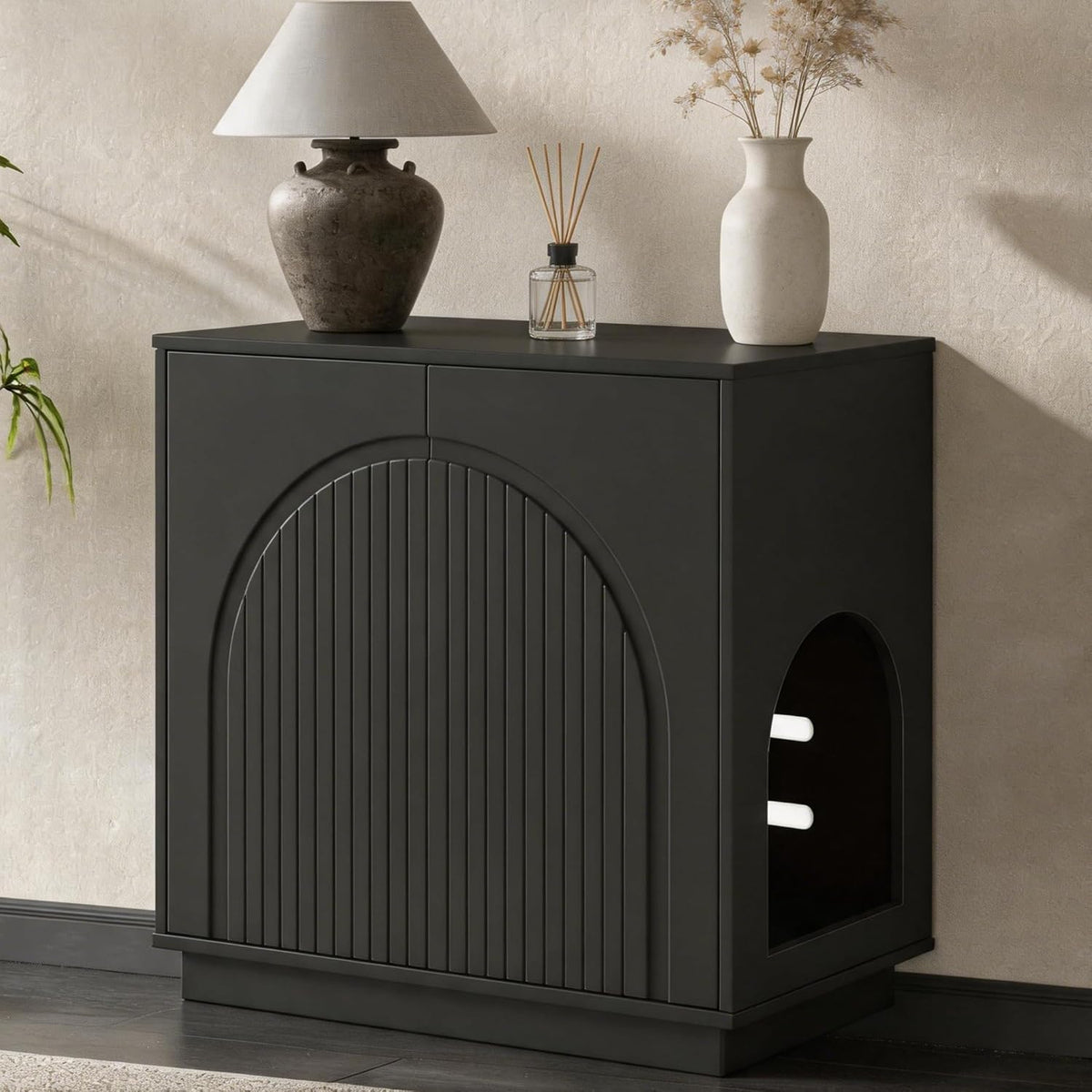 Black litter box enclosure sideboard with two fluted doors