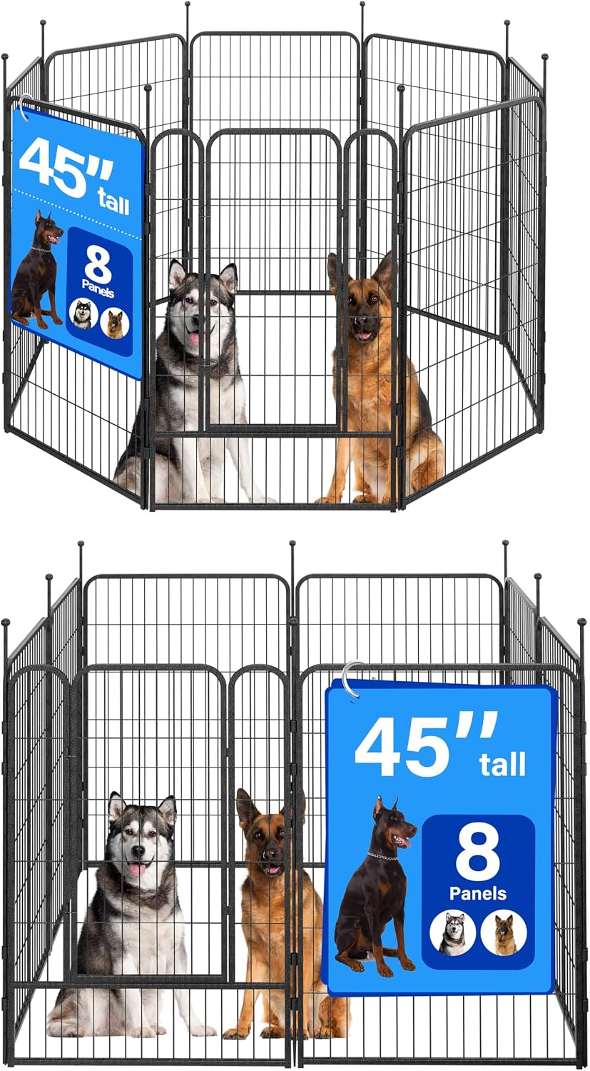 Black 45 inch heavy duty metal dog playpen with gate in a yard