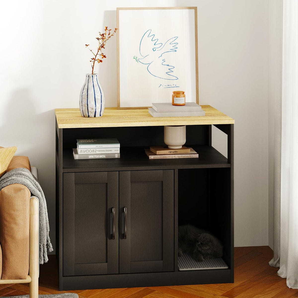 Black two-tier wooden litter box cabinet with open storage shelf
