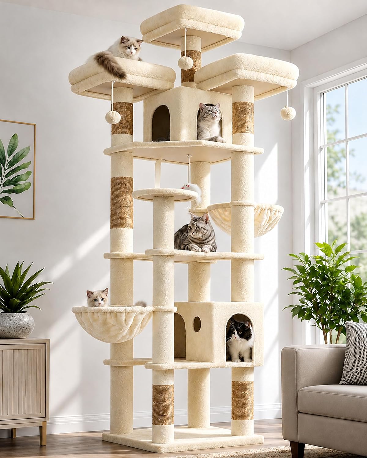 Light grey 82 inch cat tree with perches, condos and baskets – view 5