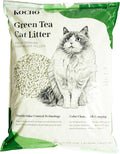 Green tea cat litter pellets in a litter box
