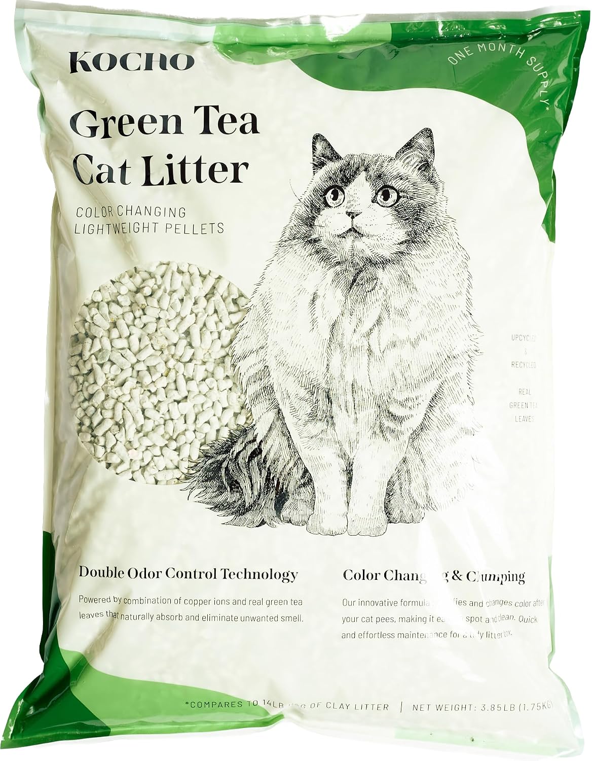Green tea cat litter pellets in a litter box