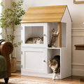 White house-shaped two-tier litter box enclosure with sisal post and feeding level