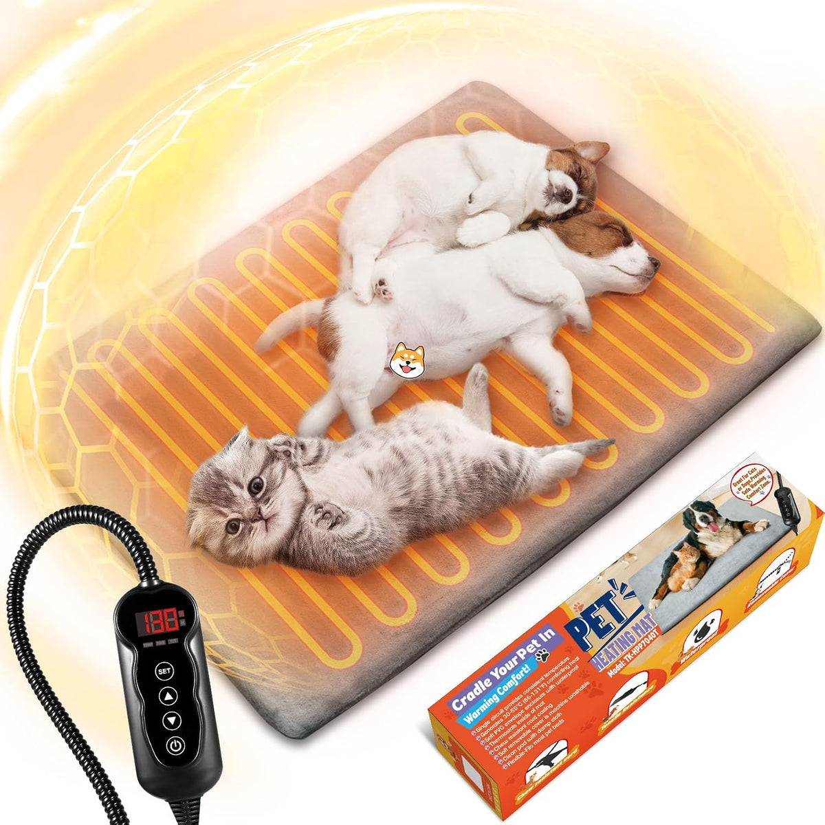 Electric pet heating pad with control and chew resistant cord