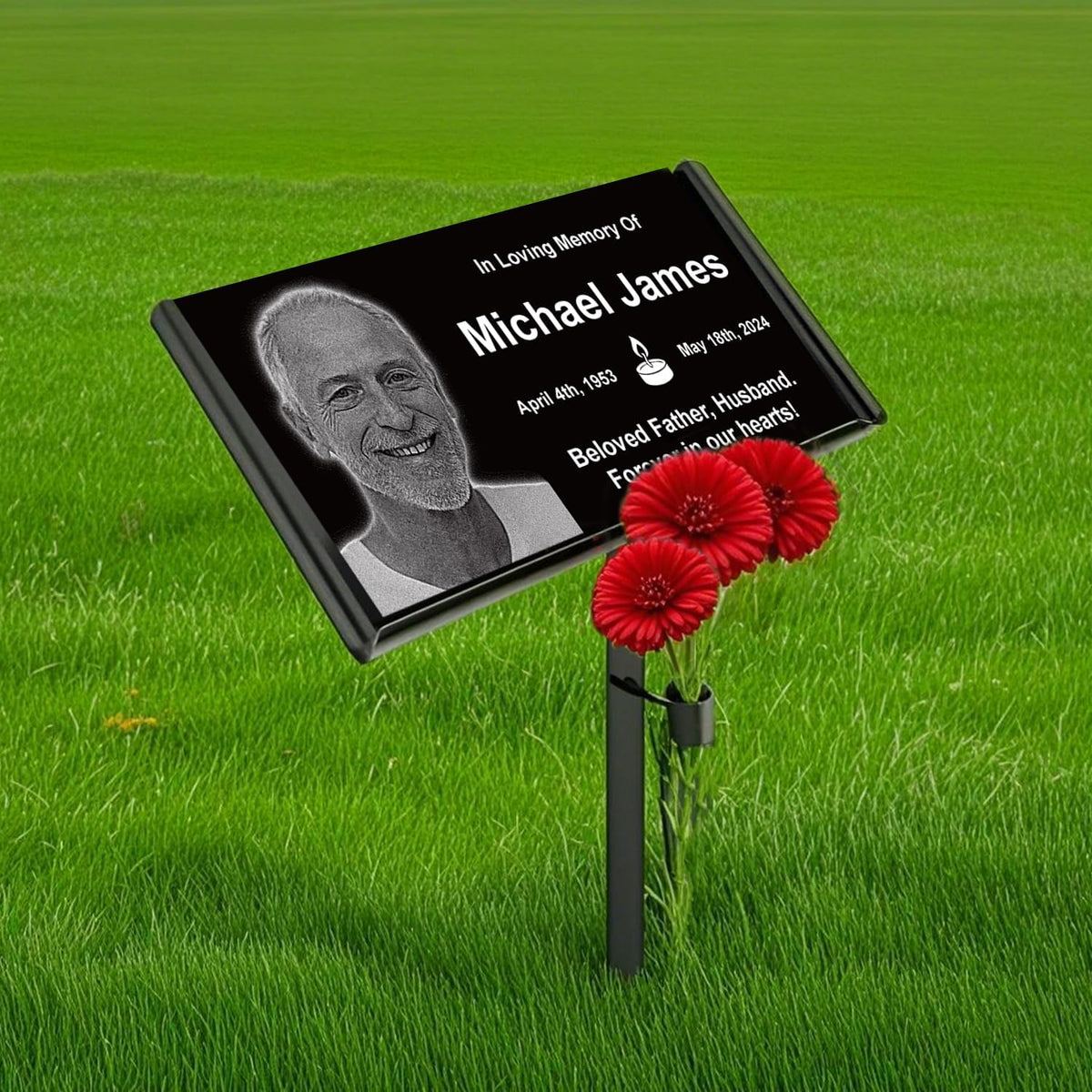 Pet memorial plaque stand holding a 24 x 12 in grave marker in a garden