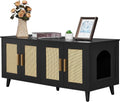 Natural wood boho litter box enclosure with rattan doors – view 2