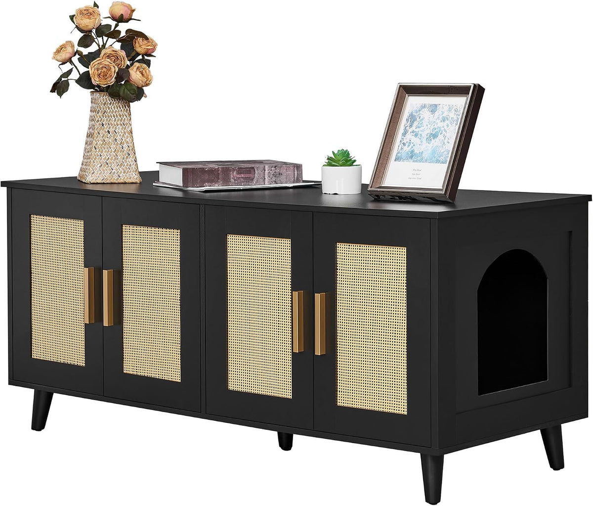 Natural wood boho litter box enclosure with rattan doors – view 2