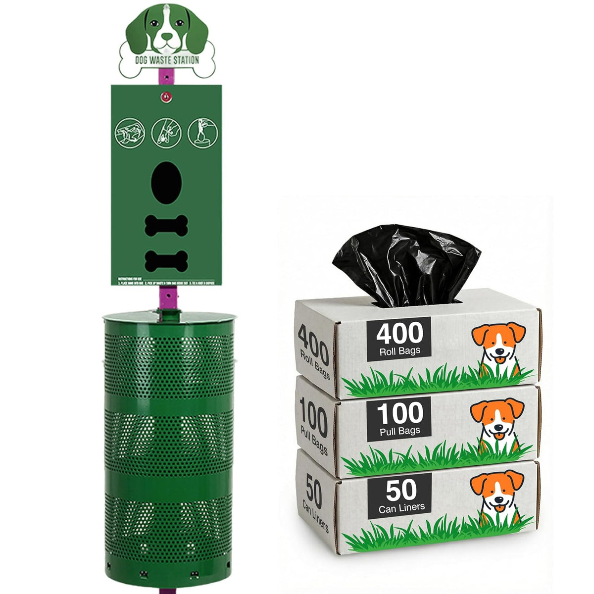 Outdoor dog waste station with poop bag dispenser and trash can