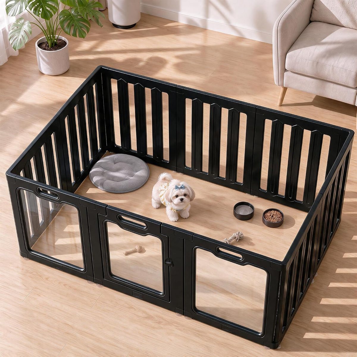 Clear acrylic puppy pen with white frame divided into sleeping and play areas – view 2