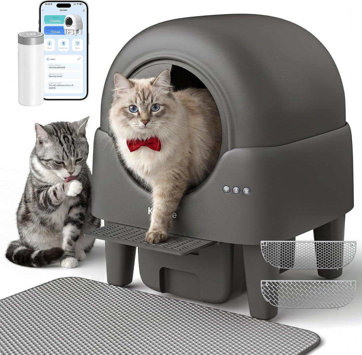 Graphite gray 90L self-cleaning cat litter box with mat