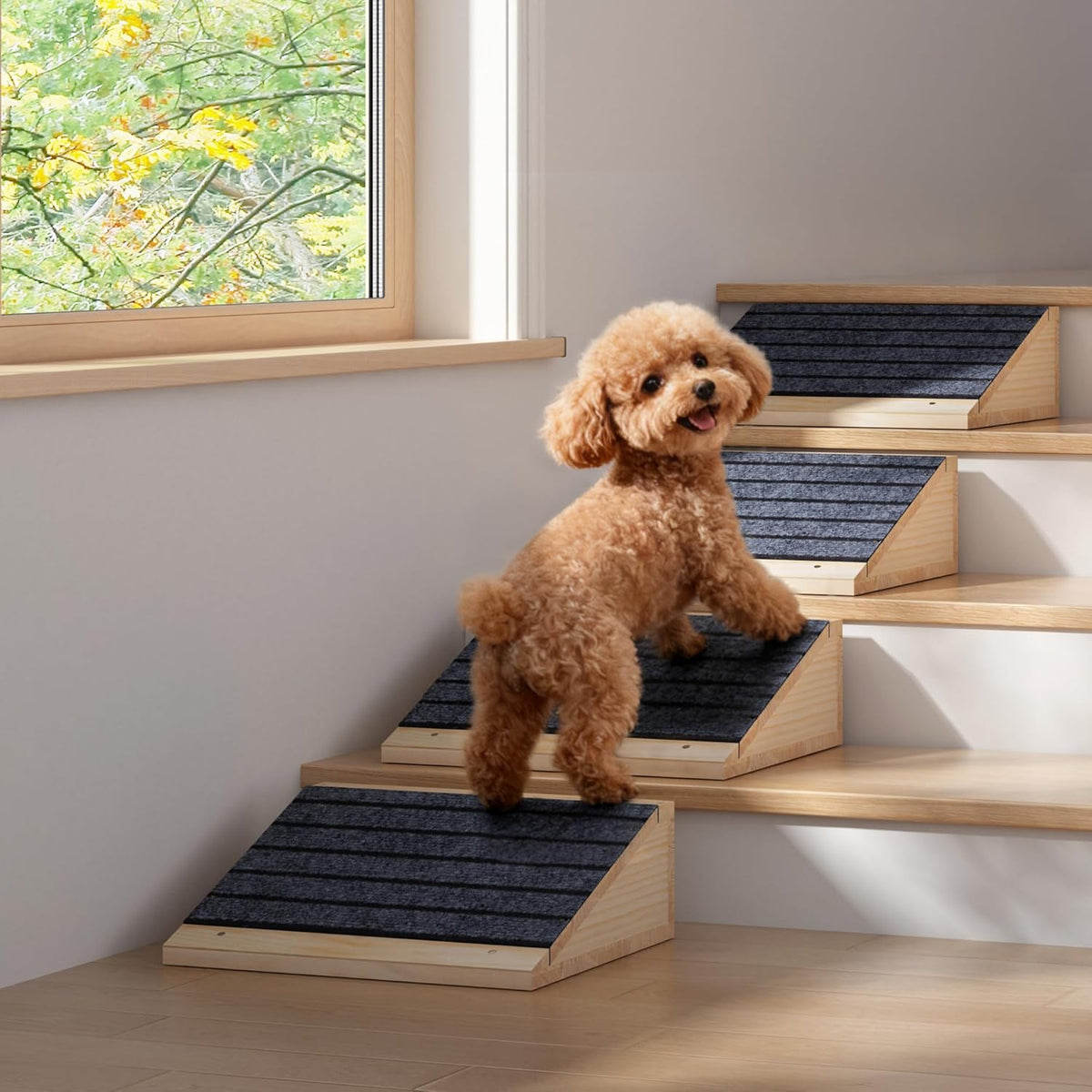 Wooden non-slip ramp wedges fitted on a staircase