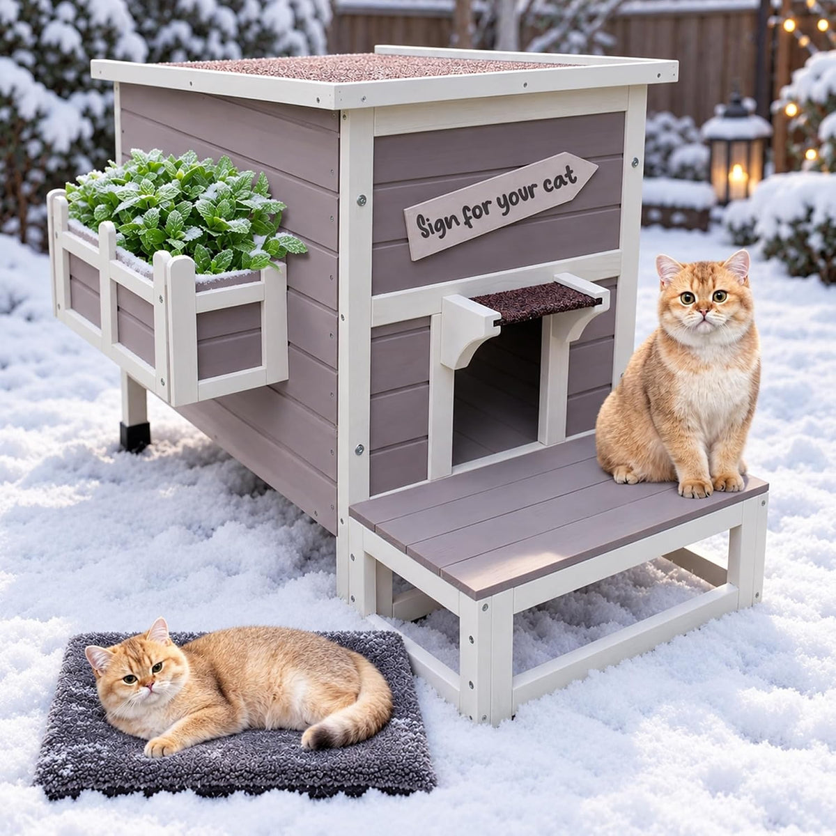 Blue weatherproof wooden outdoor cat shelter with escape door – view 3