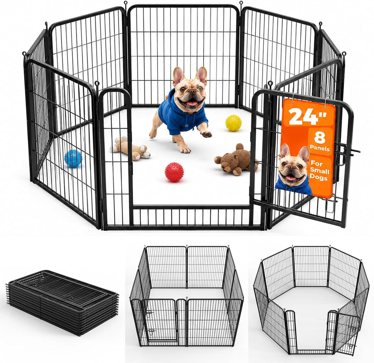 Black 16-panel metal dog playpen with door set up on a lawn – view 2
