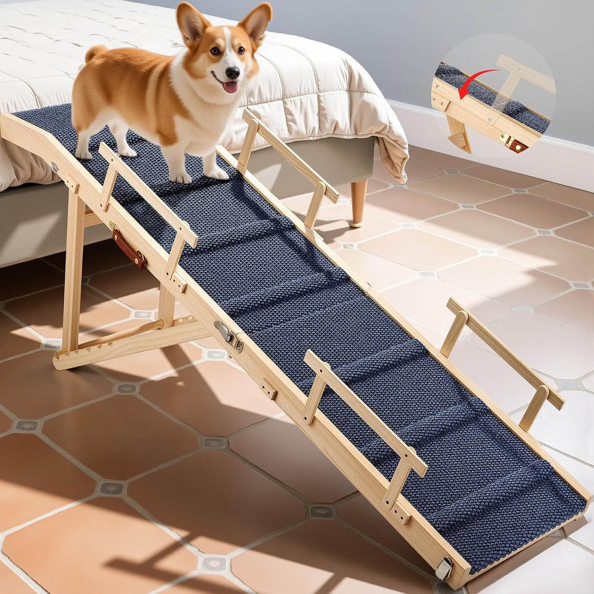 64 inch foldable wooden dog ramp with side rails and non-slip mat leaning against a high bed