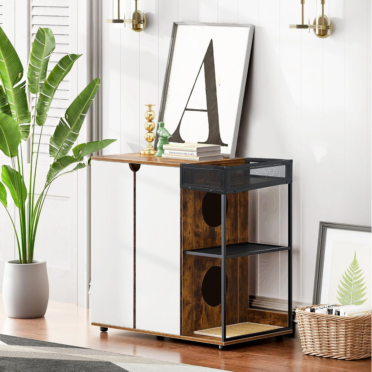 Rustic brown litter box enclosure for two cats with side entries