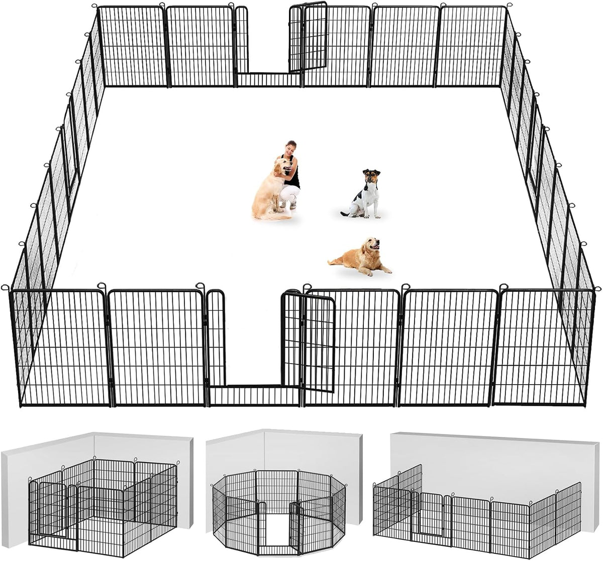 Black 40 inch metal dog playpen with fourteen panels set up in a yard – view 5