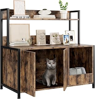 IDEALHOUSE Cat Litter Box Enclosure, Retro Hidden Litter Box with Storage Shelves, Wooden, Brown