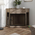 Walnut corner dog crate with fluted storage drawer against two walls – view 2