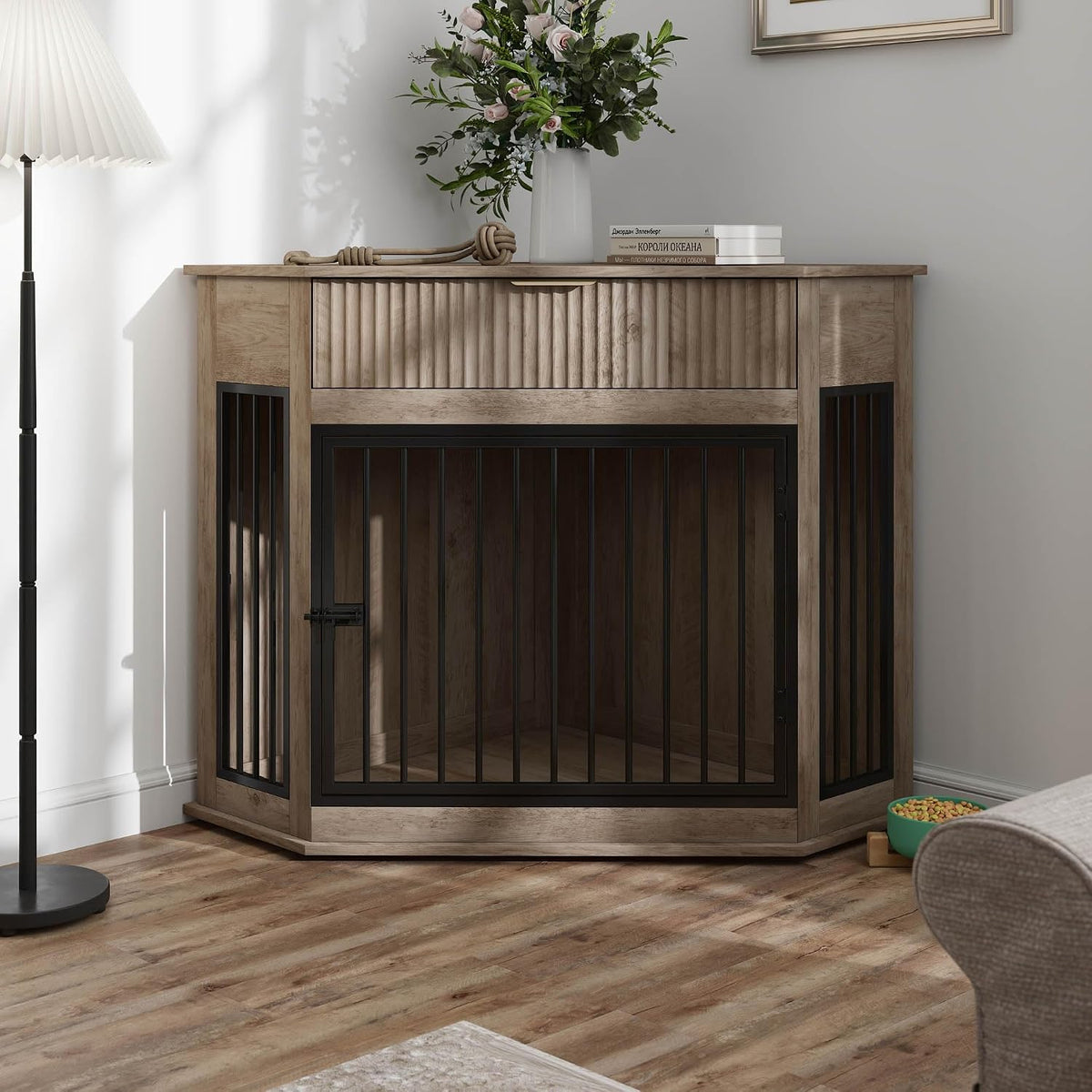 Walnut corner dog crate with fluted storage drawer against two walls – view 2