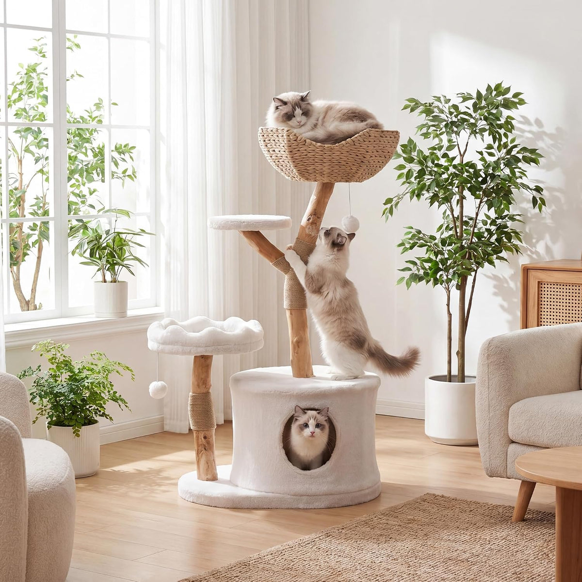 42.5 inch white modern wood cat tree with rattan basket, condo and scratching posts
