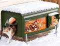 Green insulated outdoor cat shelter with heated pad and escape door