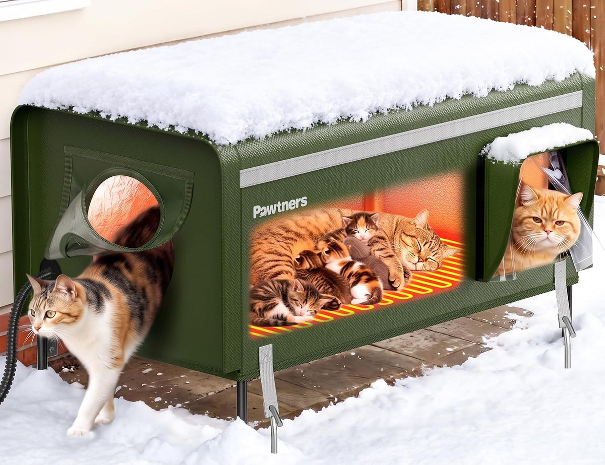 Green insulated outdoor cat shelter with heated pad and escape door