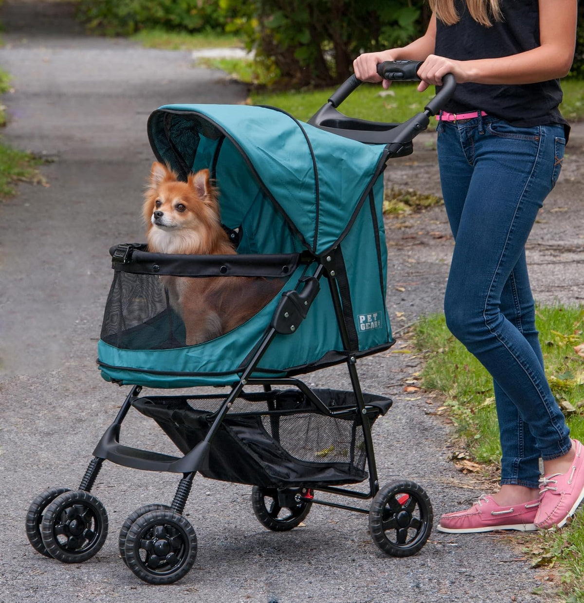 Jade pet stroller with zipperless entry, storage basket and cup holder